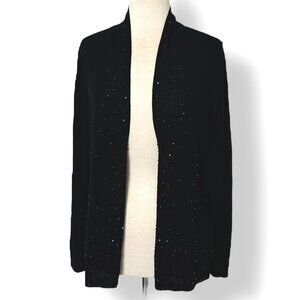 Eileen Fisher Black Semi Sheer Cotton Blend Beaded Open Front Cardigan Sz PL